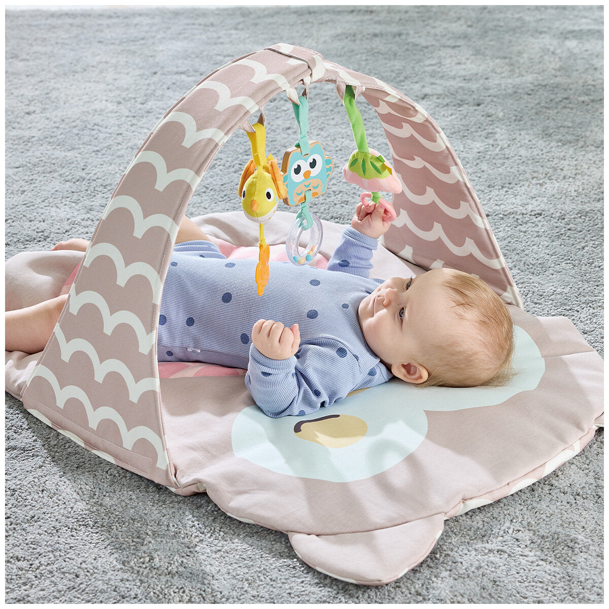 Hape Owl Bed Oscar Play Gym with Rattle Flower, Wooden Owl, and Squeaker Bird