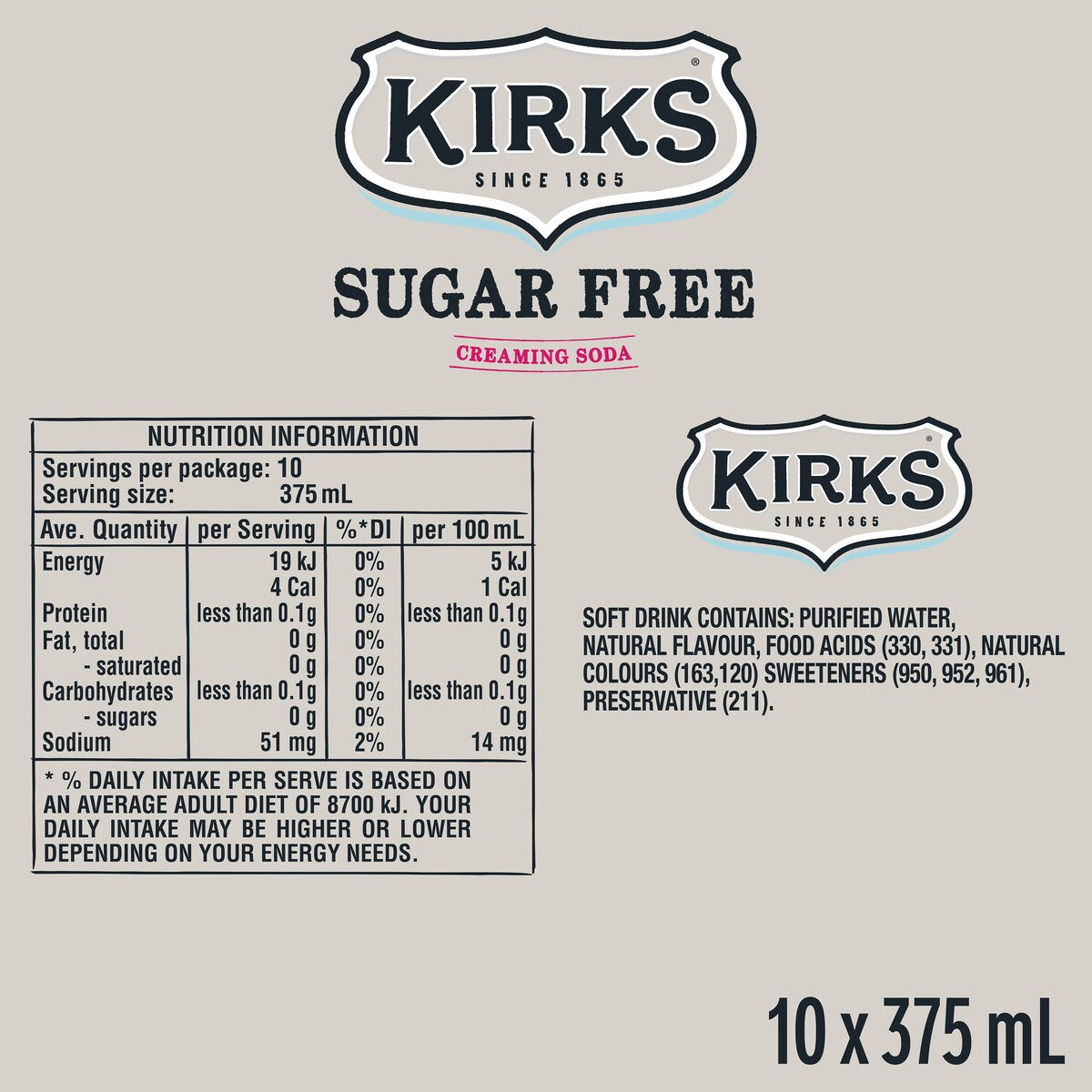 Kirks Creaming Soda Sugar Free Soda Soft Drink Multipack Cans 375ml X10 Pack