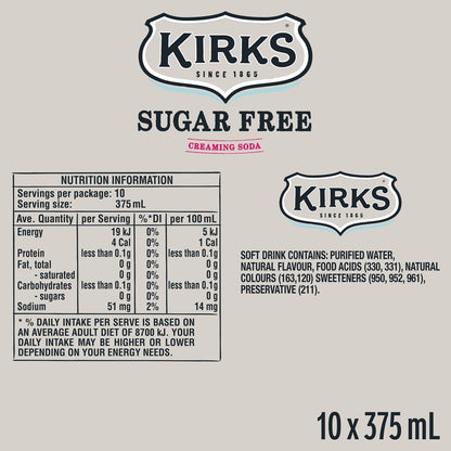 Kirks Creaming Soda Sugar Free Soda Soft Drink Multipack Cans 375ml X10 Pack