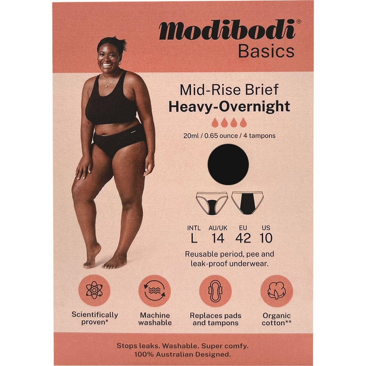 Modibodi Mid Rise Period Underwear Heavy - Overnight Size 14 Each