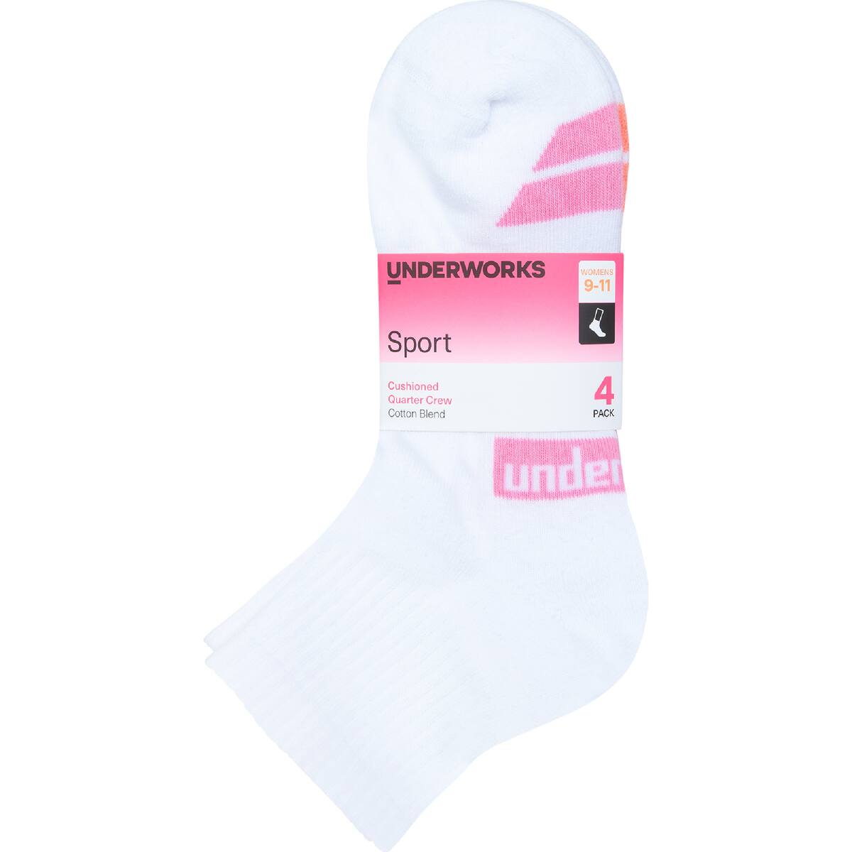 Underworks Sport Quarter Crew Womans Socks Size 5-8 4 Pack