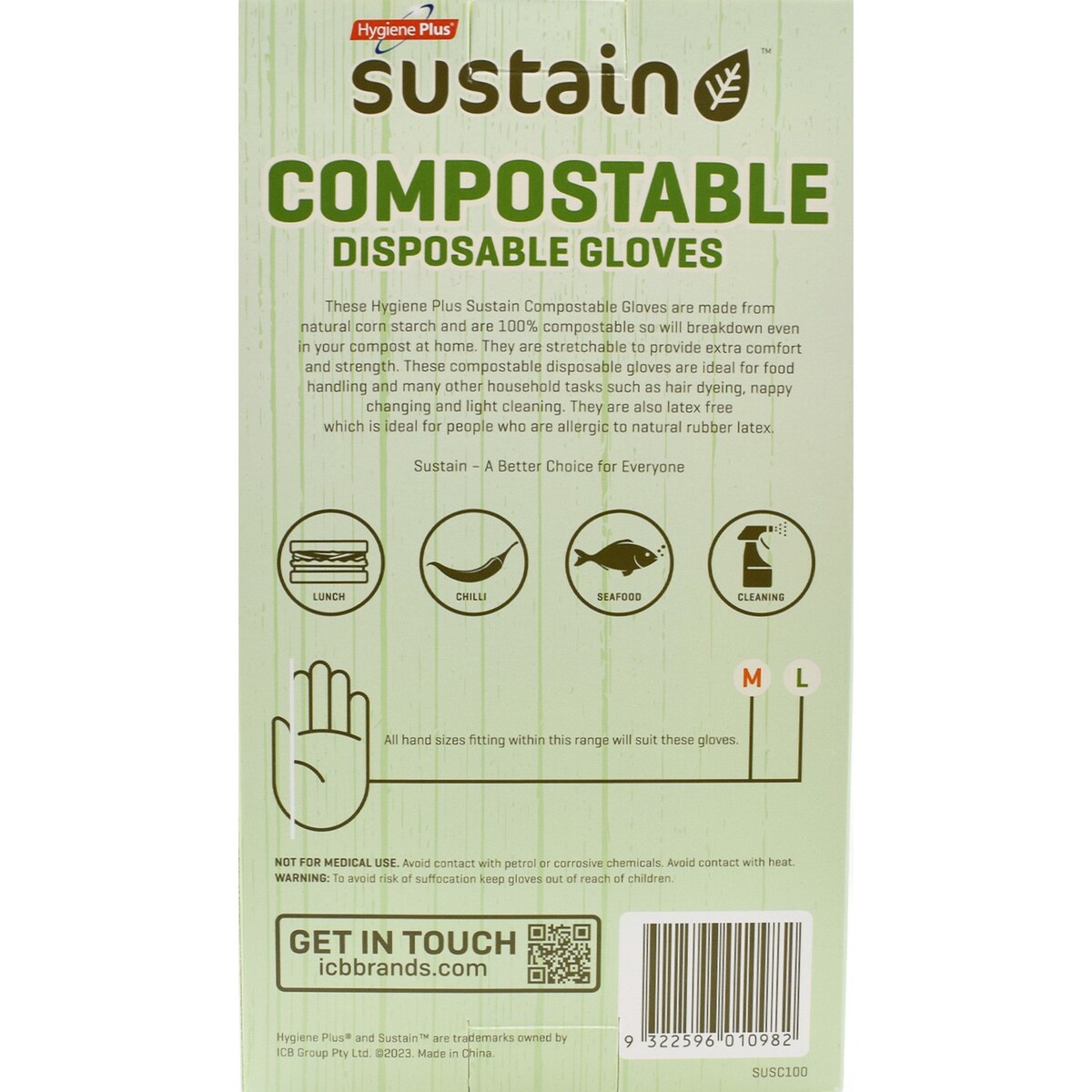 Hygiene Plus Compostable Disposable Gloves Medium/Large 100 pack