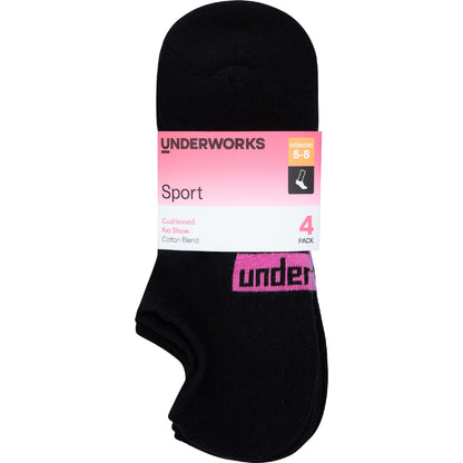 Underworks Ladies Sport No Show Socks Size 5-8 Black 4 Pack