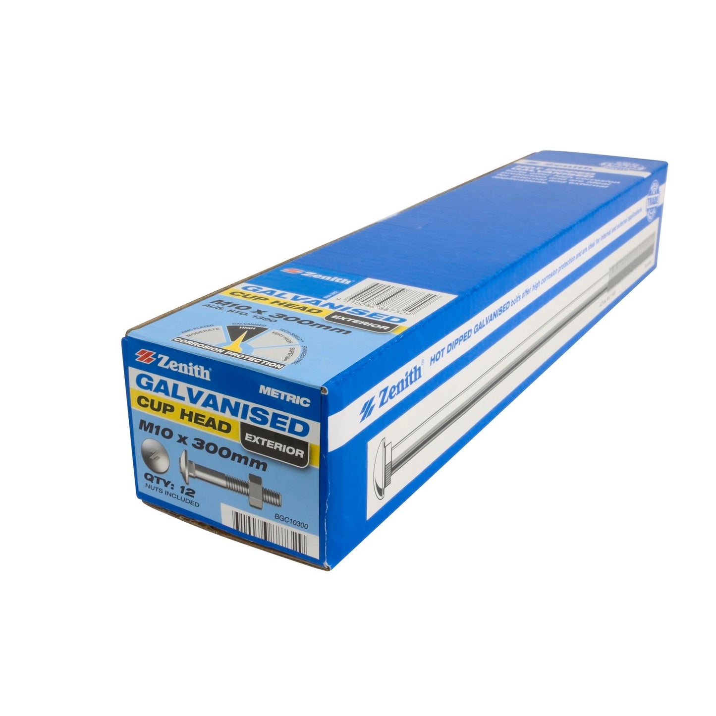 Zenith M10 x 300mm - Hot Dip Galvanised Cup Head Bolts & Nuts - 12 Pack