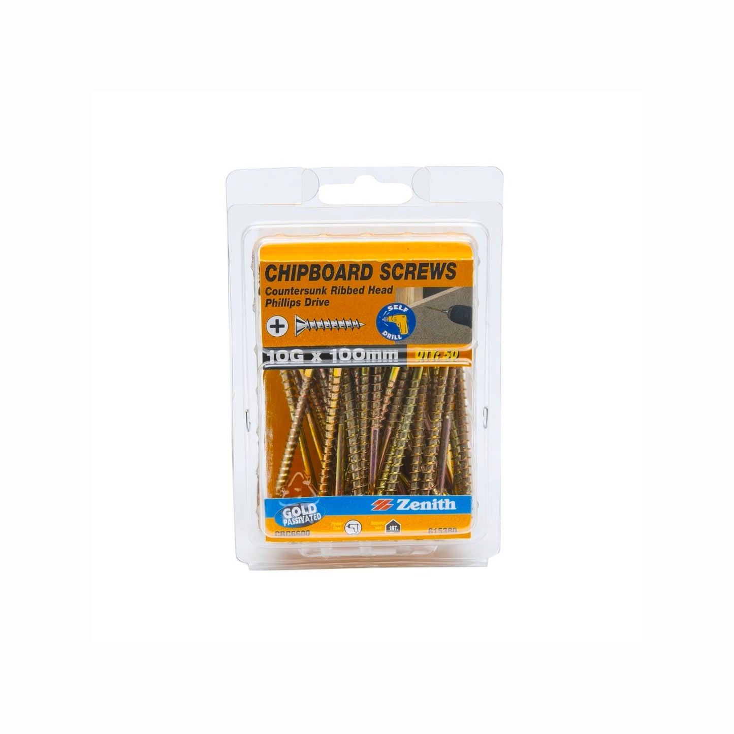 Zenith Gold Passivated Countersunk Rib Head Screws - 10g x 100mm - 50 Pack