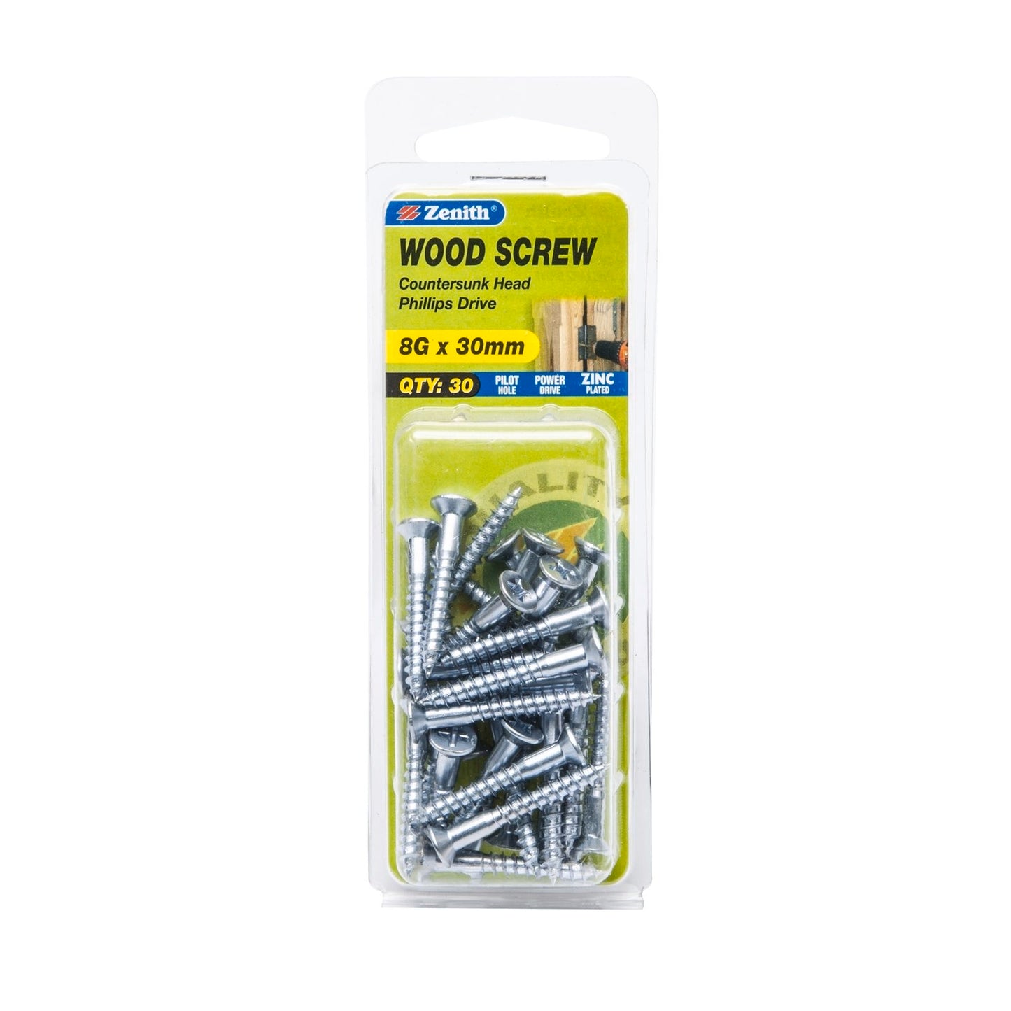 Zenith Wood Screws - 8g x 30mm - Zinc - 30 Pack