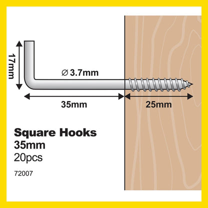 Everhang Zinc Plated Square Hook 35mm 20 Pack - Silver - 10kg Load Rating