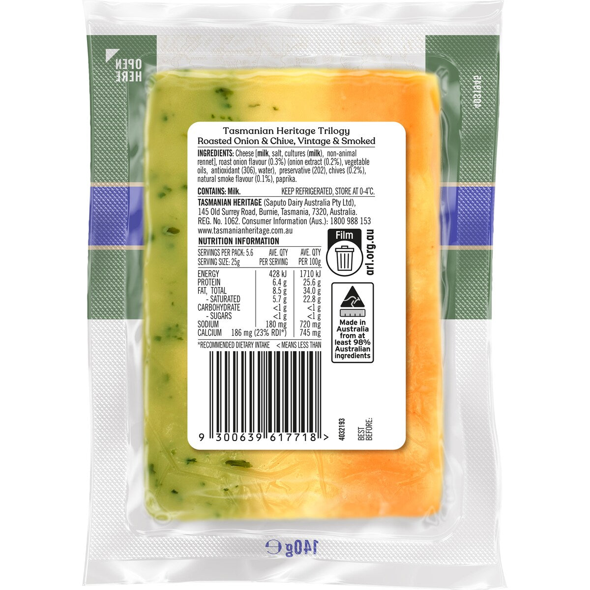 Tasmanian Heritage Club Cheddar Cheese Trilogy Roasted Onion & Chive 140g
