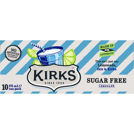 Kirks Sugar Free Lemonade Soft Drink Multipack Cans 375ml X10 Pack