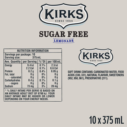 Kirks Sugar Free Lemonade Soft Drink Multipack Cans 375ml X10 Pack