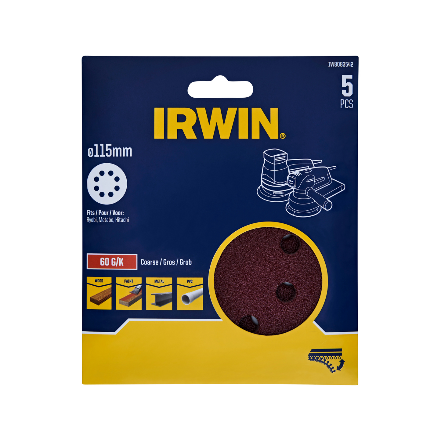 Irwin Quick Fit Random Orbital Sanding Disc - 115mm - 60 Grit - 5 Pack