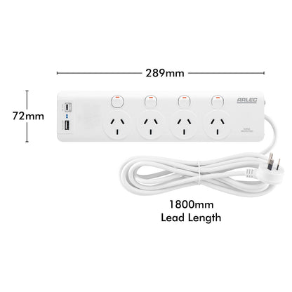 Arlec Surge Powerboard - 4 Outlet - 1.8m - White