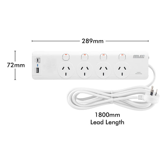 Arlec Surge Powerboard - 4 Outlet - 1.8m - White