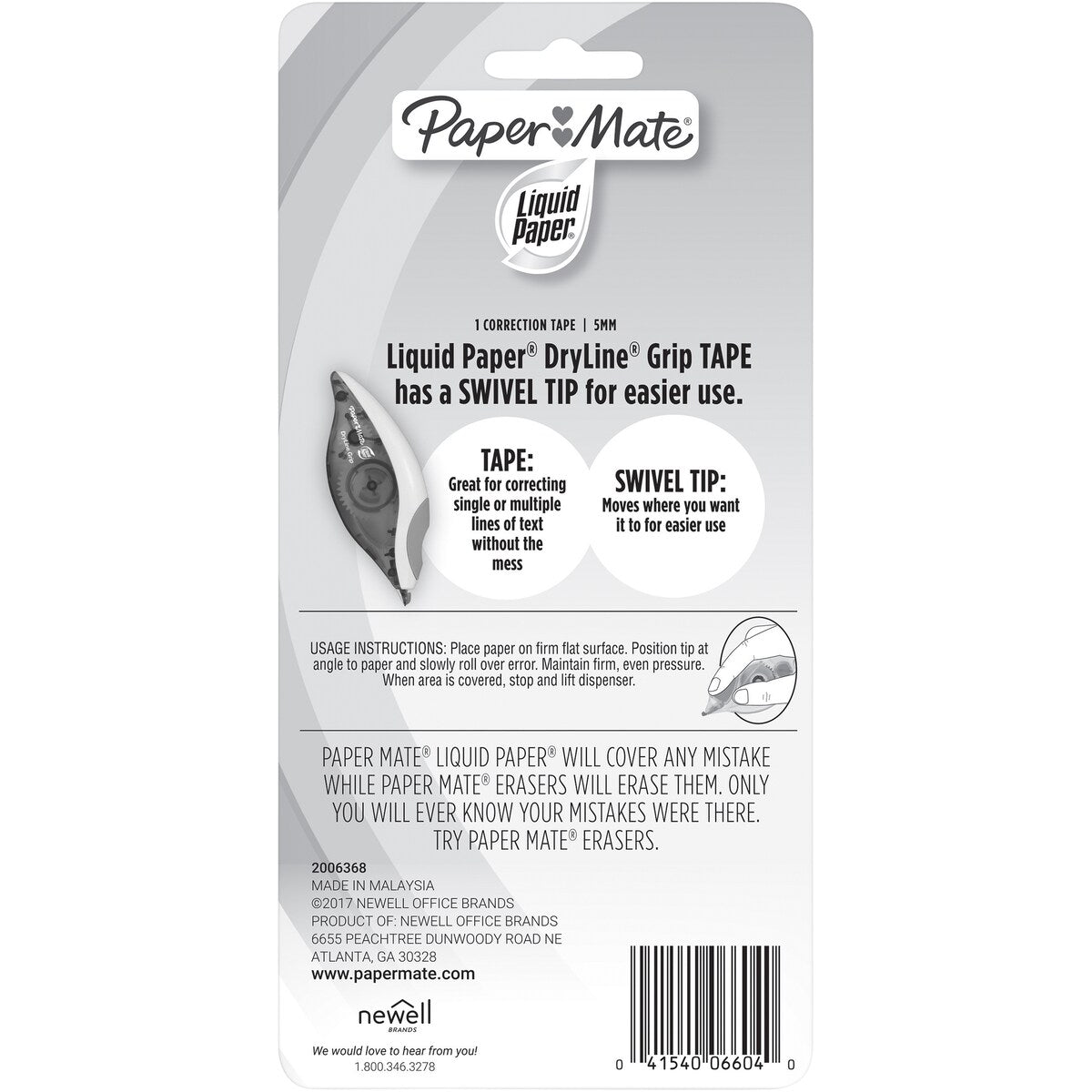 Paper Mate Liquid Paper Dryline Grip White Out Correction Tape Each