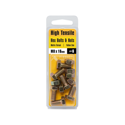Pinnacle Hex Bolt & Nut - 8 x 16mm - Yellow - 6 Pack
