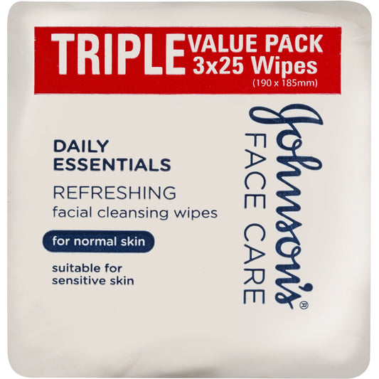 Johnsons Daily Essentials Facial Cleansing Wipes Normal Skin 3 X25 Pack