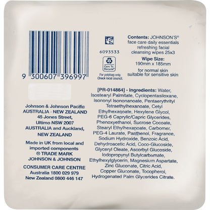 Johnsons Daily Essentials Facial Cleansing Wipes Normal Skin 3 X25 Pack