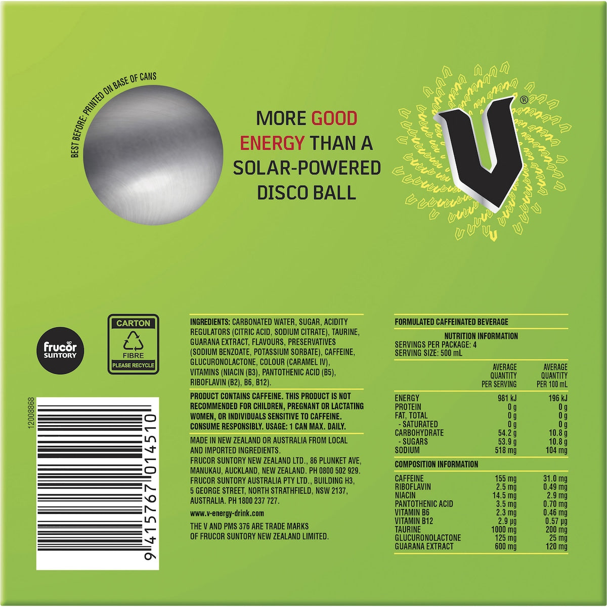 V Energy Drink 500ml X 4 Pack
