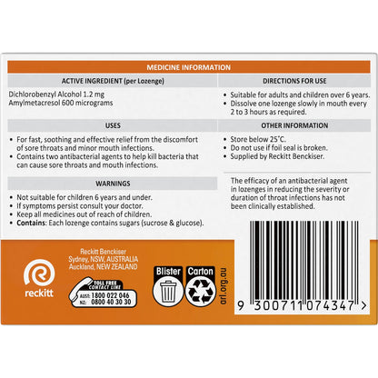Strepsils Double Antibacterial Soothing Sore Throat Lozenges Orange 16 Pack