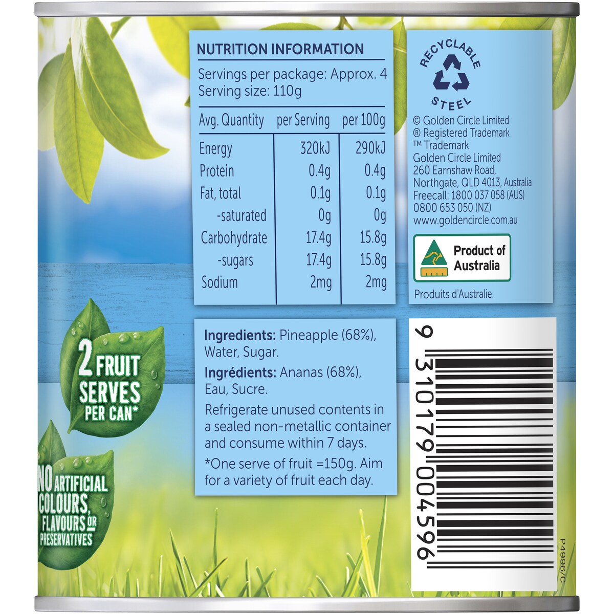 Golden Circle Australian Canned Fruit Tinned Pineapple Slices in Syrup 450g