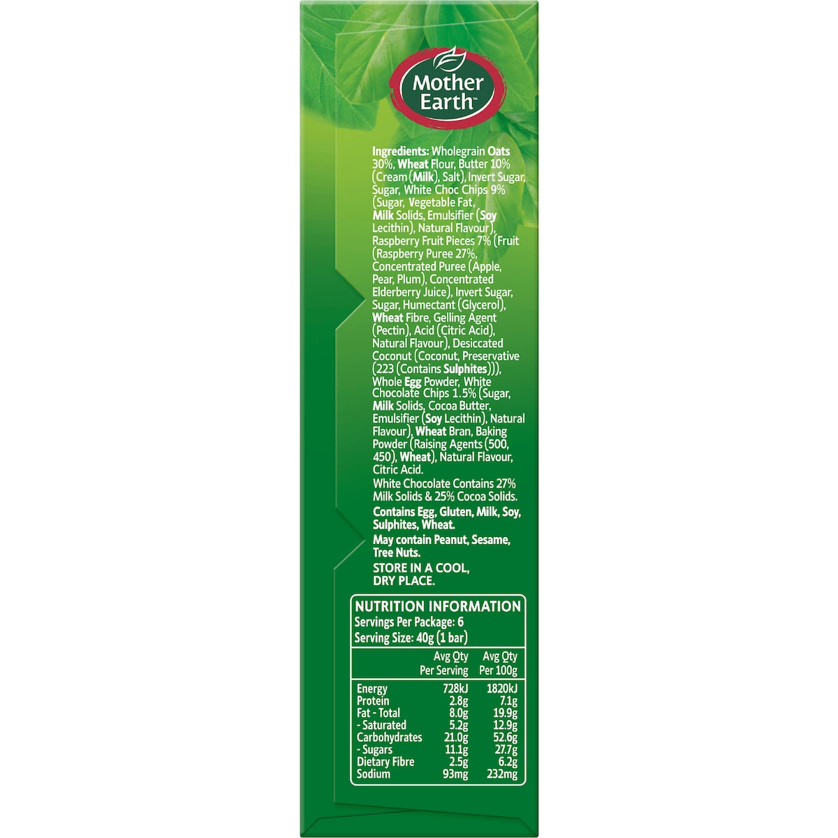 Mother Earth Golden Baked Oaty Slice Raspberry Chocolate 40g X 6 Pack