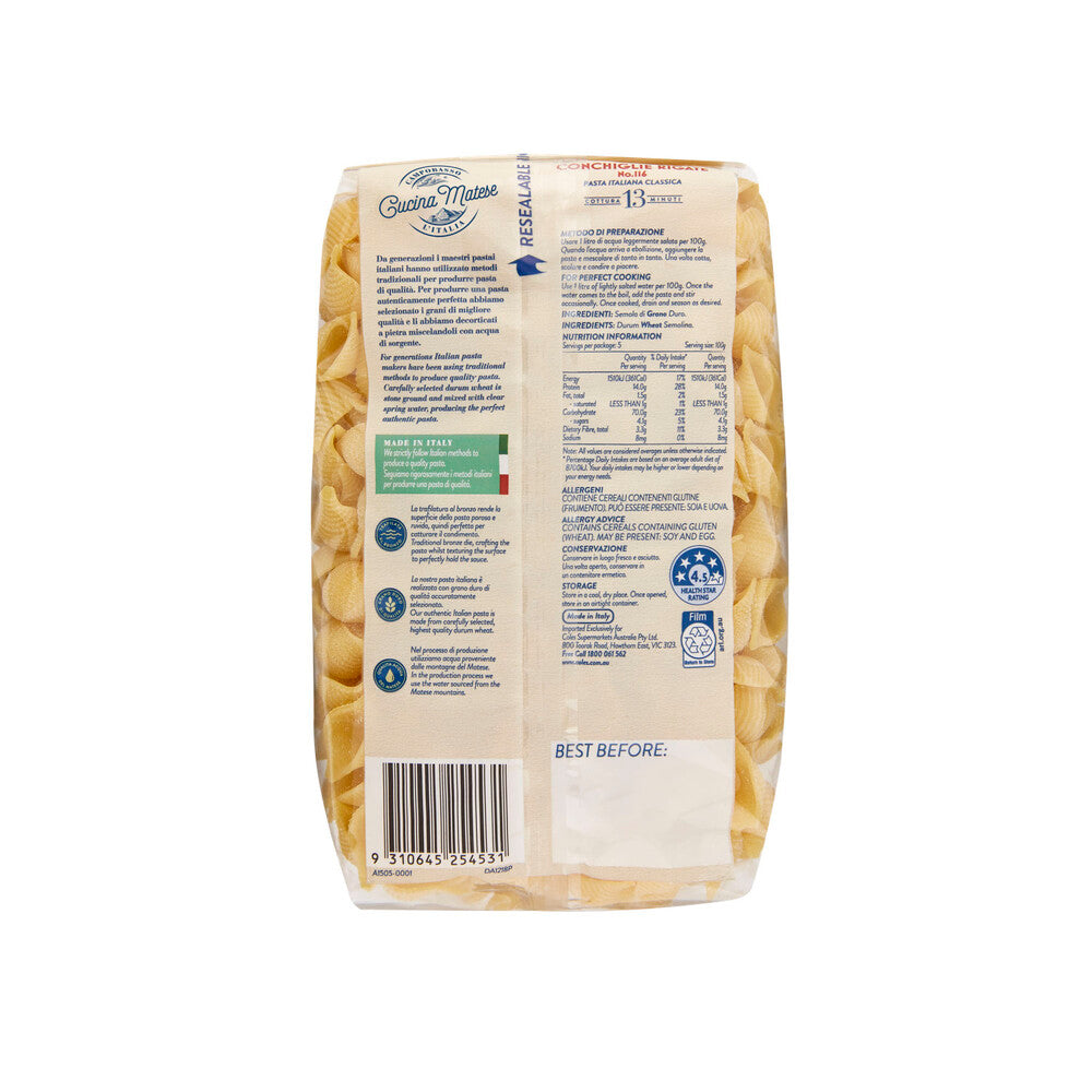 Cucina Matese Conchiglie Rigate Italian Pasta No 116 - 500g