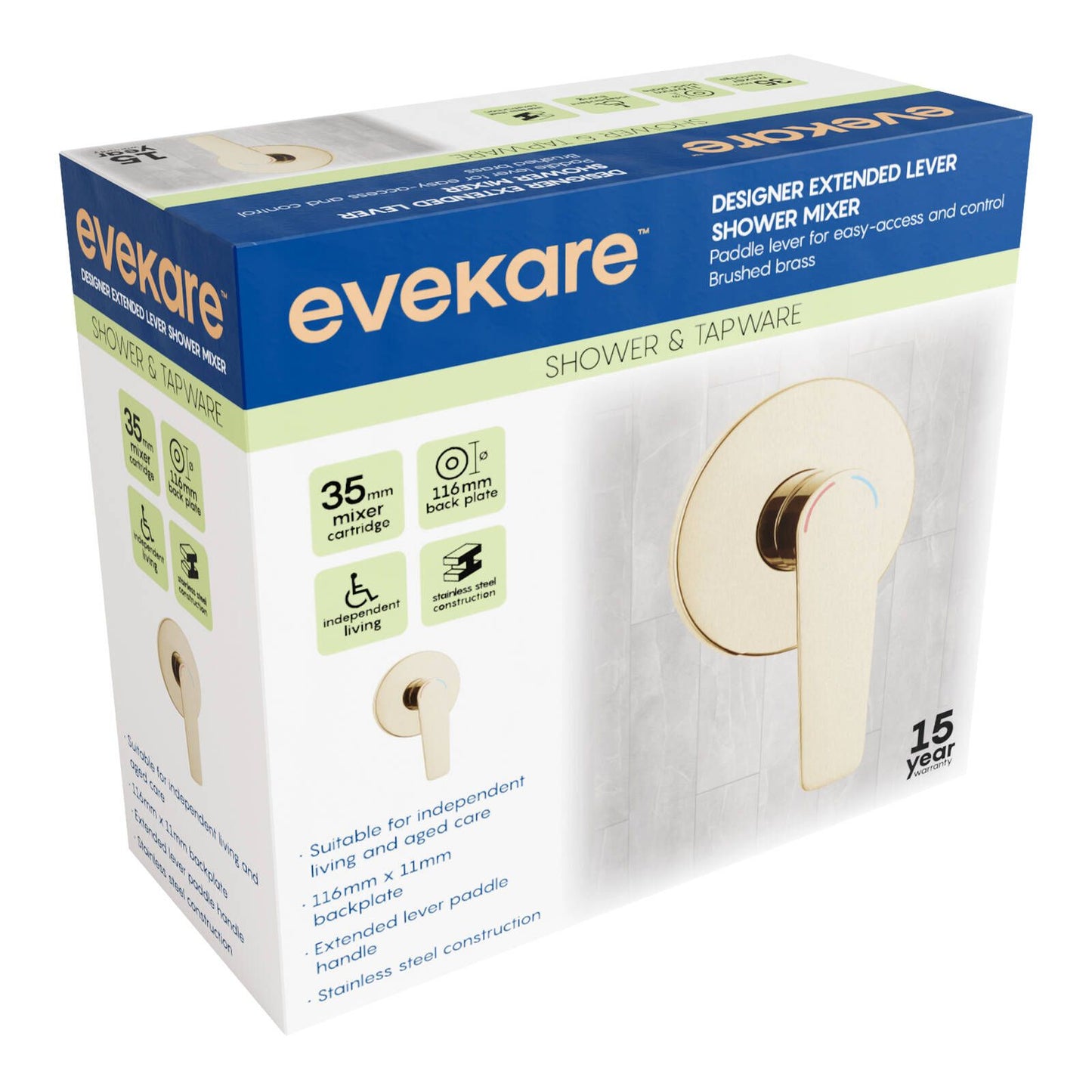 Evekare 35mm Brushed Brass Designer Extended Lever Shower Mixer
