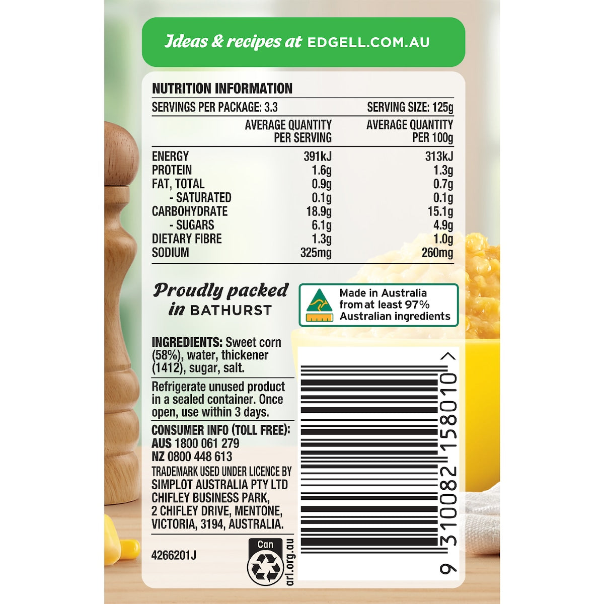 Edgell Creamed Corn Picked & Pureed 420g