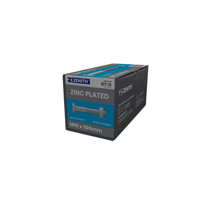 Zenith M10 x 100mm Zinc Plated Hex Head Bolts and Nuts - 25 Pack
