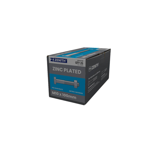 Zenith M10 x 100mm Zinc Plated Hex Head Bolts and Nuts - 25 Pack