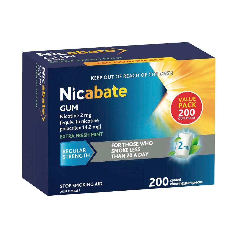 Nicabate Quit Smoking Chewing Gum Regular Strength 2mg Nicotine - 200 pack
