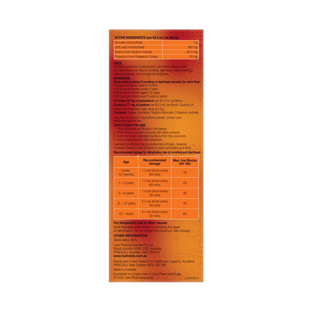 Hydralyte Orange Flavoured Electrolyte Ice Block 62.5 mL - 16 pack