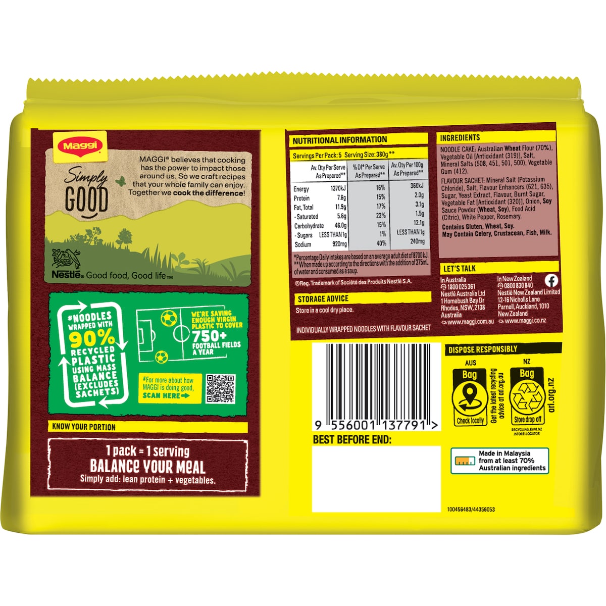 Maggi 2 Minute Beef Flavour Instant Noodles 370g 5 Pack