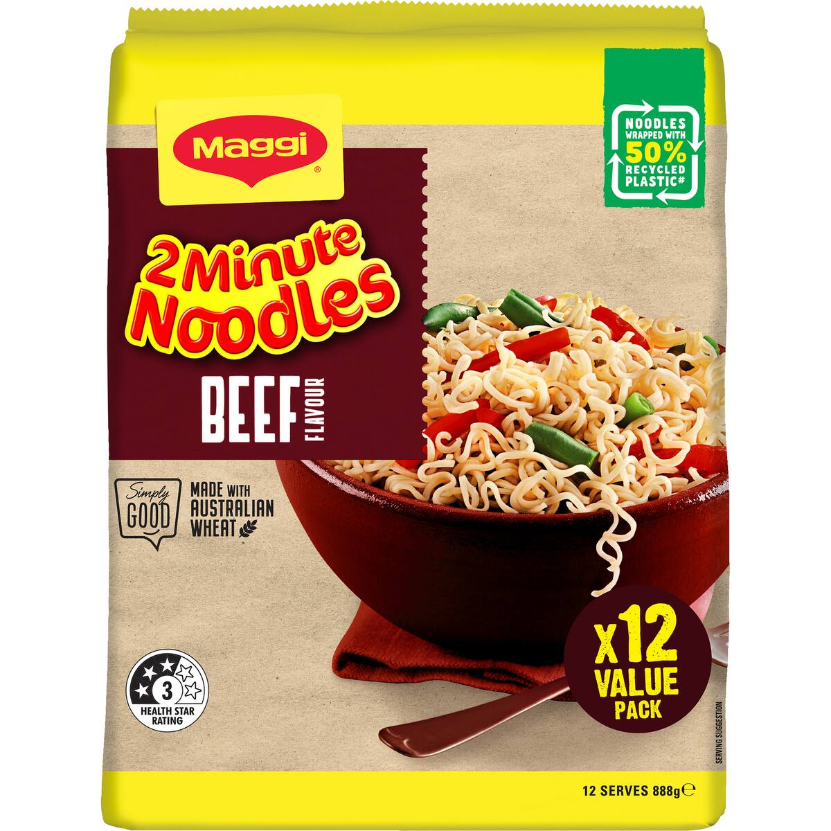 Maggi 2 Minute Beef Flavour Instant Noodles 888g 12 Pack