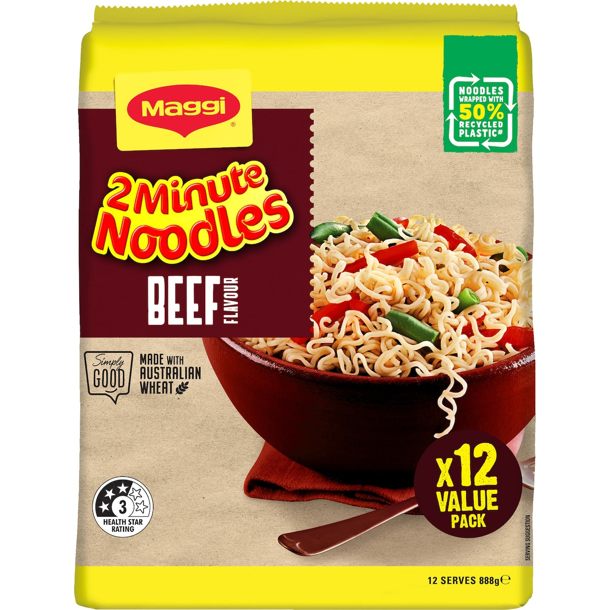 Maggi 2 Minute Beef Flavour Instant Noodles 888g 12 Pack