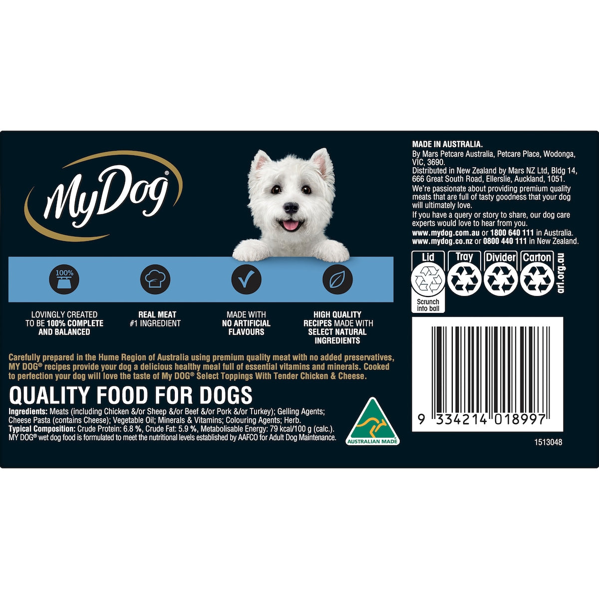 My Dog Adult Select Toppings Chicken & Cheese Wet Food Trays 100g X 6 Pack