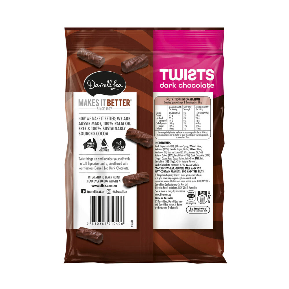 Darrell Lea Twists Dark Chocolate Liquorice - 200g