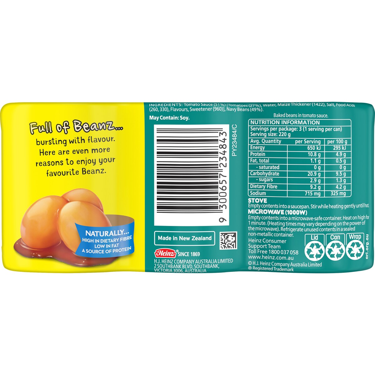Heinz Beanz Baked Beans No Added Sugar Multipack 220g X3 Pack