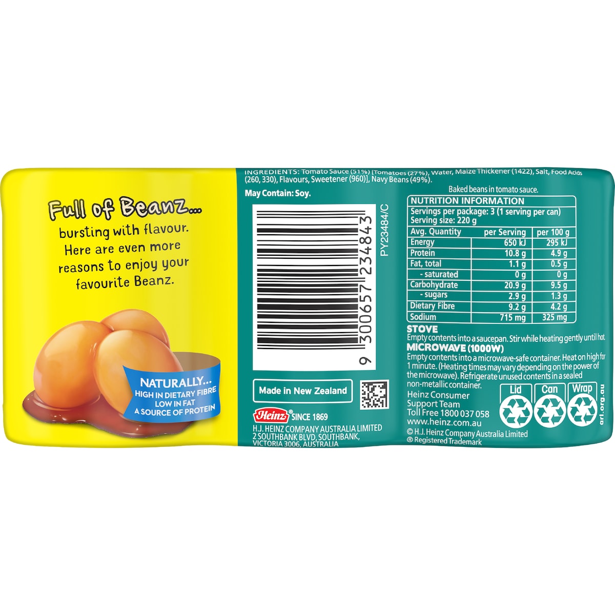 Heinz Baked Beans In Tomato Sauce Canned No Added Sugar 220g X 3 Pack