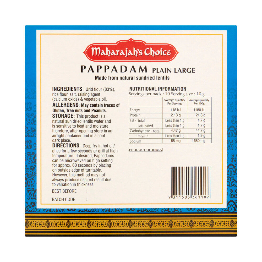 Maharajah's Choice Large Plain Pappadams - 100g
