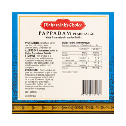 Maharajah's Choice Large Plain Pappadams - 100g