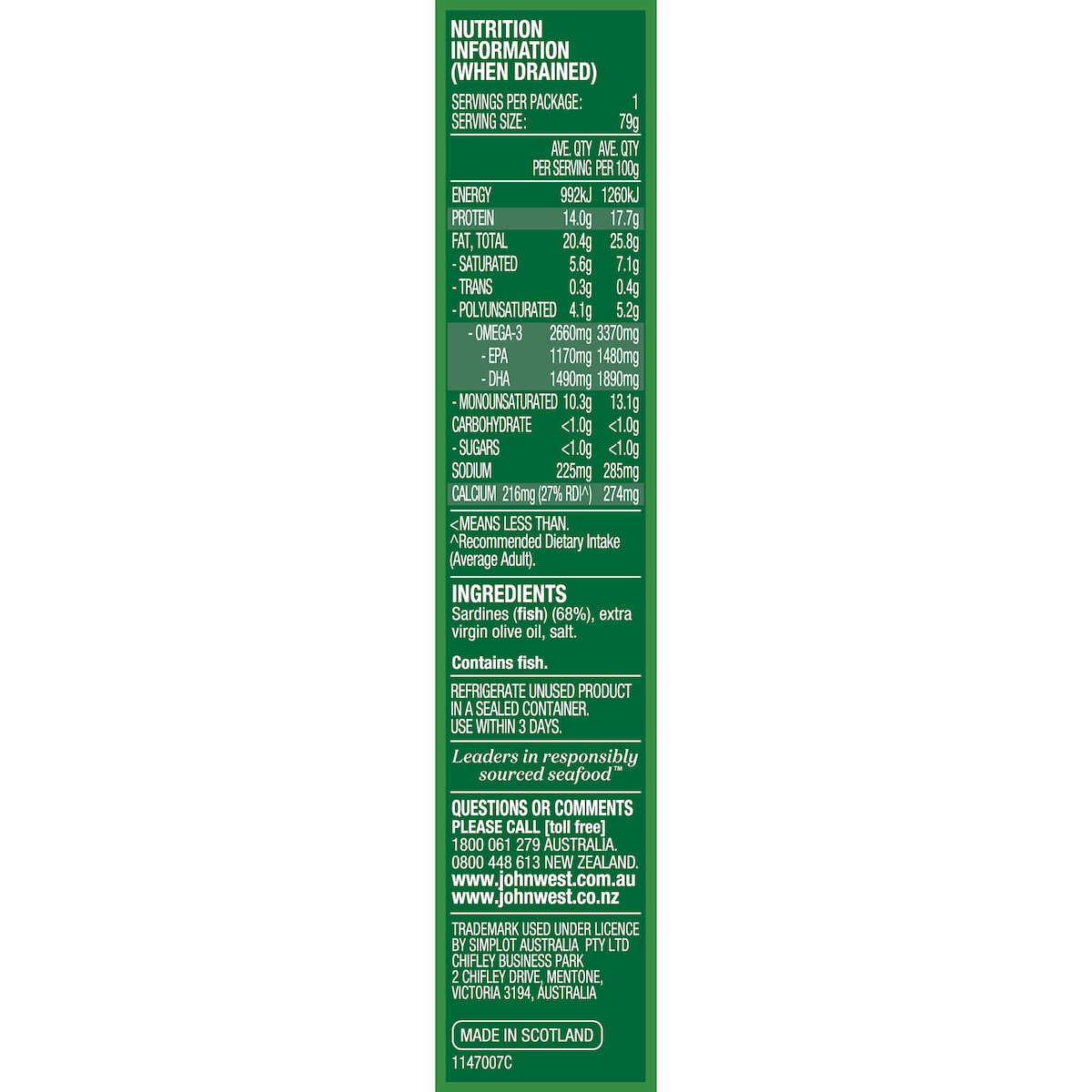 John West Wild Brisling Sardines In Extra Virgin Olive Oil 110g