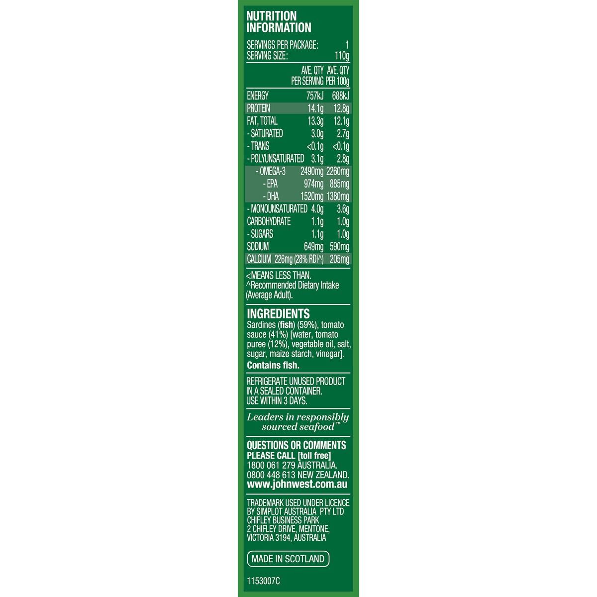 John West Wild Brisling Sardines In Tomato Sauce 110g