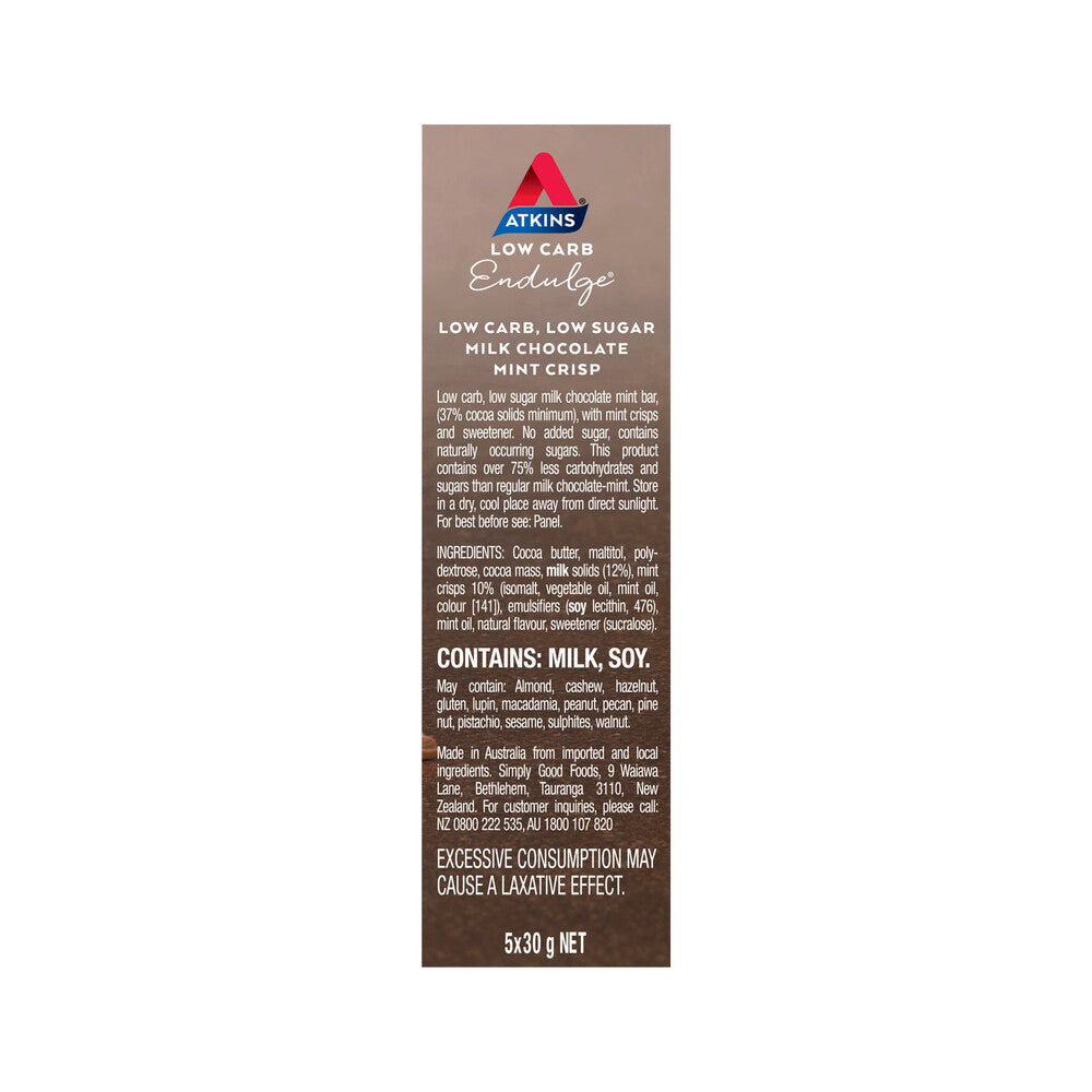 Atkins Low Carb Endulge Bar Milk Chocolate Mint Crisp 5x30g - 150g