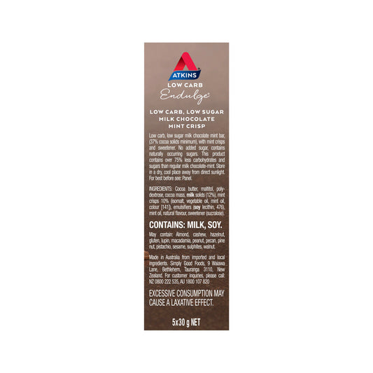 Atkins Low Carb Endulge Bar Milk Chocolate Mint Crisp 5x30g - 150g