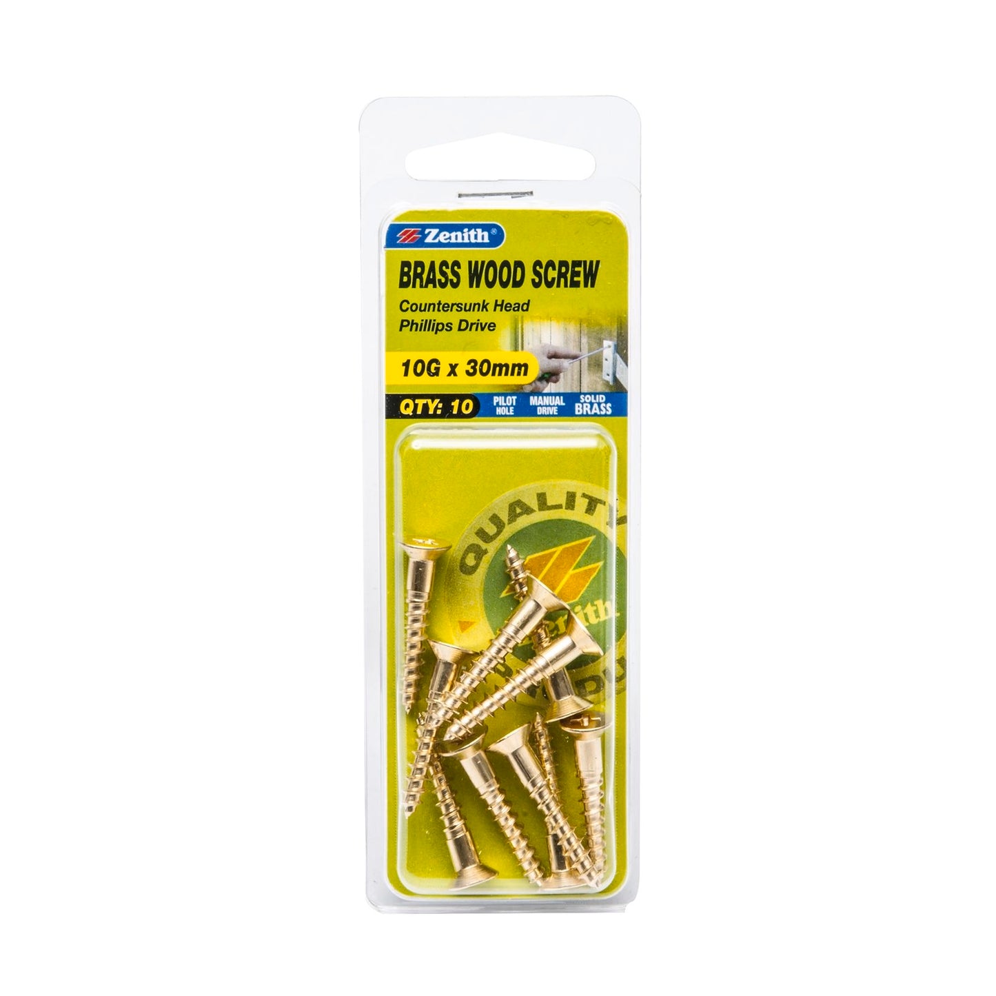 Zenith Wood Screws - 10g x 30mm - Brass - 10 Pack