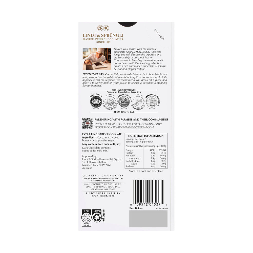 Lindt Excellence 95% Cocoa Ultimate Dark Chocolate Block - 80g