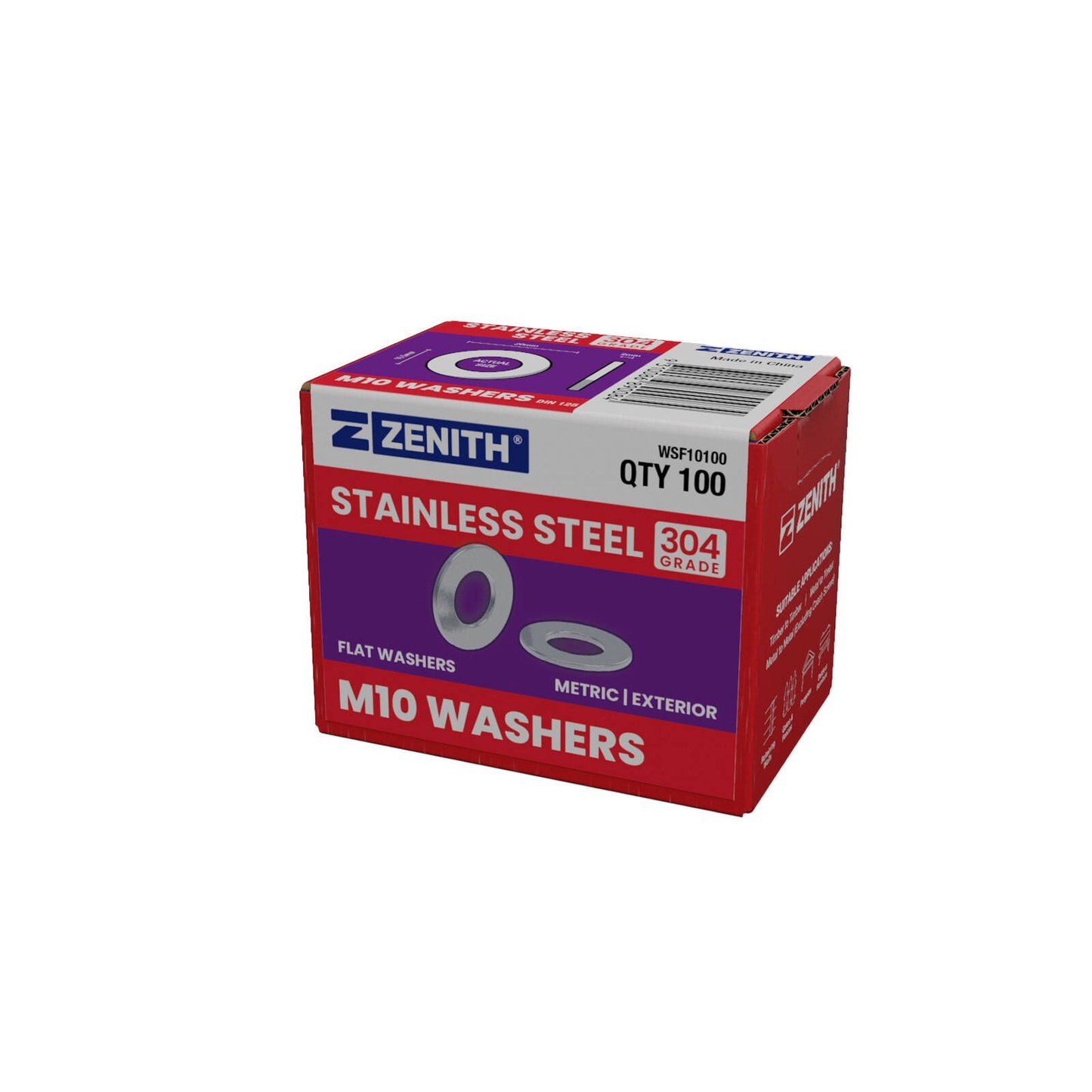 Zenith M10 Stainless Steel 304 Flat Round Washers - 100 Pack