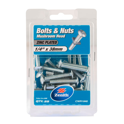 Zenith Mushroom Head Bolt & Nut - 1/4 x 38mm - 25 Pack
