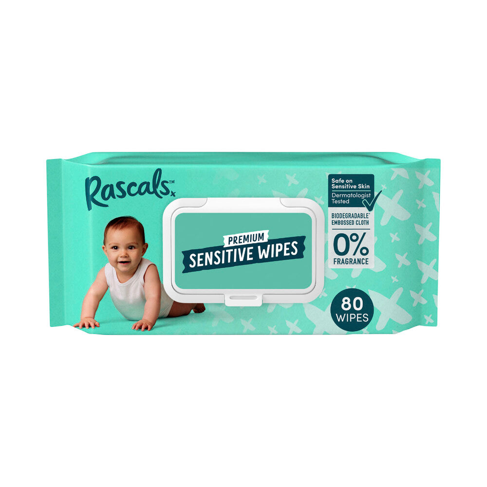 Rascals Premium Sensitive Wipes Plastic Free Cloth - 80 Pack